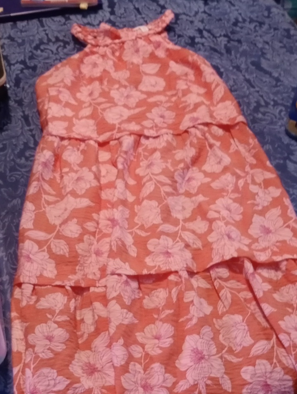 Girls Coral Pink Floral Halter Dress